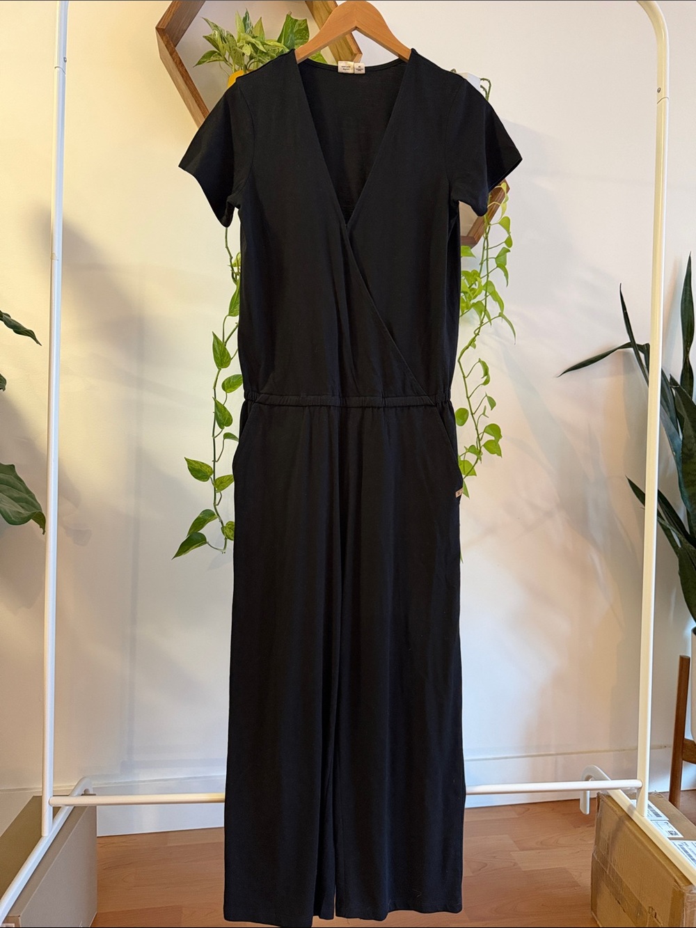 tentree Black Short-Sleeve Wrap-Front Jumpsuit